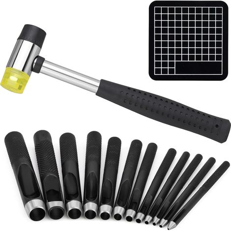 Set di punzoni per pelle (da 1,0 a 10 mm) - 12 misure - Martello da intaglio e tappetino da taglio - Punzone rotondo