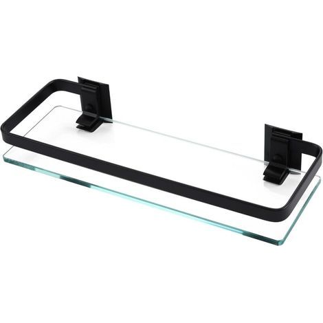 Scaffale da bagno in alluminio, vetro temperato extra spesso, cestino rettangolare a 1 livello, montaggio a parete nero, 35x12x4.5cm (1/4)