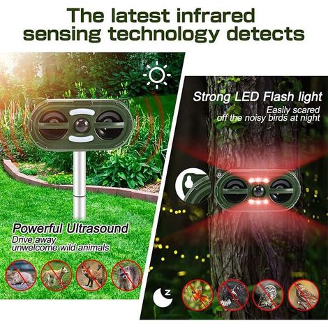 Solarbetriebener Gartenabwehrer – Bewegungsmelder mit Ultraschall und LED-Licht, wirksam gegen Vögel, Hunde, Katzen und Nagetiere – Chemikalienfreies Tierabwehrgerät-lsw (1/4)