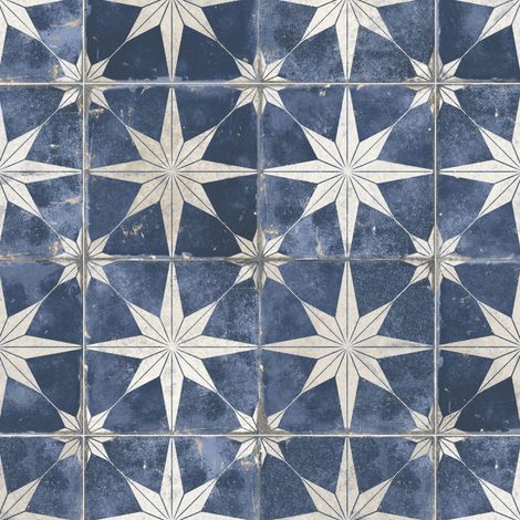 Carrelage Vintage effet Carreau ciment Etoile Blanche et Fond Bleu 45x45x0,95 cm Sparta - Sol et mur intérieur (vendu par carton de 1 m²) - RO'MA CARRELAGE