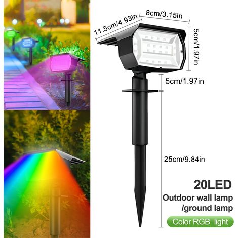 (4 spots solaires RGB à 20 LED) pour extérieur, étanches, avec 3 modes d'éclairage : appliques murales, portes, garages et terrasses. Idéal pour jardin, terrasse ou cour. (1/5)
