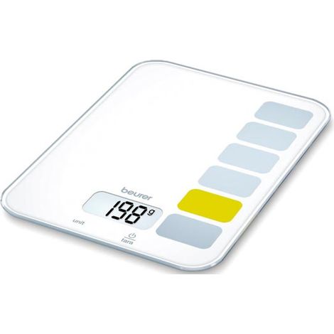Beurer KS19 - Küchenwaage de Bon Appetite, Messwert 5 kg, 1 g, LCD-Display, Touch-Button, Sicherheitsglas de, Tara-Automatik, Abschaltautomatik, Überlastwarnung, Farbe White