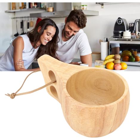 Tasse en bois d'hévéa finlandais de 200 ml, style nordique, avec anse, mug portable pour le lait et le café, motif carapace de tortue, tasse à double trou. (1/5)