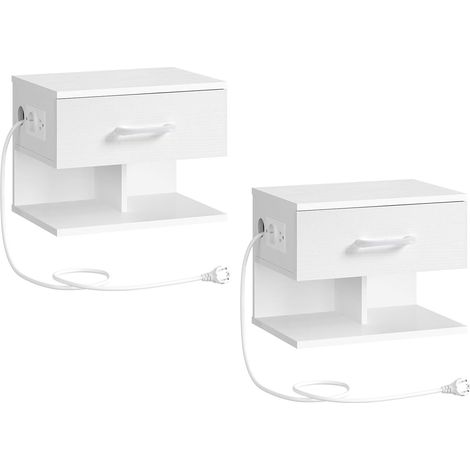 Tables de Chevet Suspendue Lot de 2, Table de Nuit Murale avec Station de Charge et Tiroir Rabattable, Table d’Appoint, 1 Prise Standard et 2 Ports USB, Blanc (1/5)