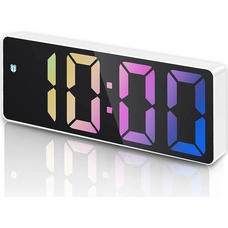 Lichtwecker, Digitaler Wecker mit Schlummerfunktion mit LED-Anzeige für Temperatur und Datum, Sprachsteuerung, USB-/Batteriebetrieb, weißes Gehäuse und bunte Zahlen (1/4)