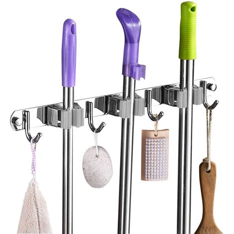 Bardusch-Porte Balai Mural - Accroche Balai en Acier inoxydable, Support Cintre de Rangement pour Cuisine, Buanderie, Garage (3 Emplacements et 4 Crochets,Gris ) (1/5)