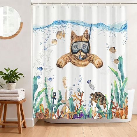 Rideau de Douche Chat Drôle Anti Moisissure 180 x 180 cm Rideau Douche Mignon Chaton Plongée Natation Tissu Polyester Imperméable Lavable Rideau Baignoire avec 12 Crochets (1/5)