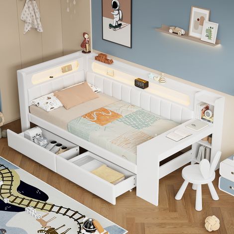Cama de día 90/200 cm blanca de MDF y madera con LED, USB, escritorio y 2 cajones (1/5)