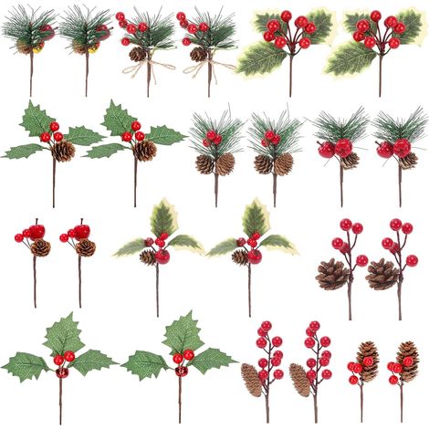 24 Pièces Pics de Pin Artificiels de Noël avec Baies Rouges Pommes de Pin, Branches de Sapin Artificielles pour Guirlande Arbre de Noël Table Maison Décoration (1/5)