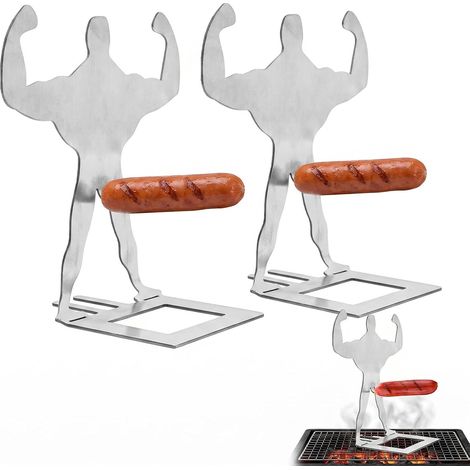 2 Pcs Support Saucisse Barbecue en Acier Inoxydable 304, Porte-Hot Dog Muscle Man Rigolo, Accessoires de Gril Créatifs pour Fêtes et Camping, Cadeau Barbecue pour Homme (1/5)