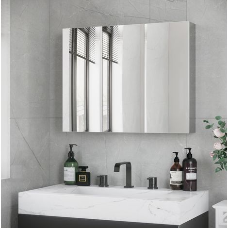 Mobile bagno con specchio a 3 ante, 5 ripiani, acciaio inox, argento HAVRYA (1/5)