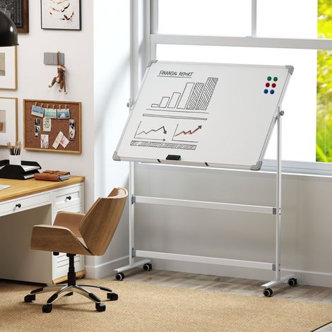 HOMCOM Tableau Blanc Magnétique Double Face - Effaçable Rotatif Mobile, Support, Aimants, Marqueurs, Gomme & Roulettes Inclus