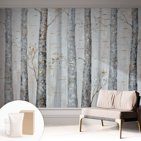 Papier peint intissé mural avec imprimé motifs décoratifs - style contemporain - Colle incluse gratuite Bouleaux 312x219 cm (1/5)