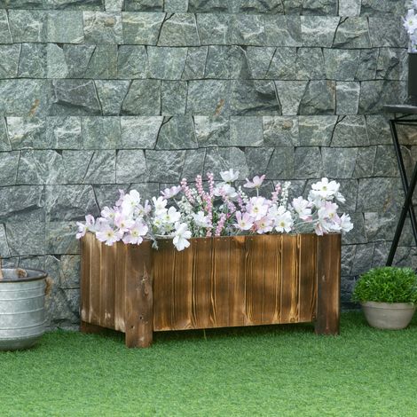 Outsunny Jardinière sur Pied bac à Fleurs dim. 70L x 35l x 30H cm piètement Demi rondin Corps Aspect Lattes Bois Sapin traité carbonisation