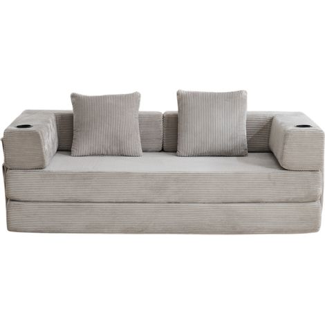 Canapé convertible en velours côtelé gris clair avec appui-tête et accoudoirs, rangement latéral, pour salon et chambre (1/5)