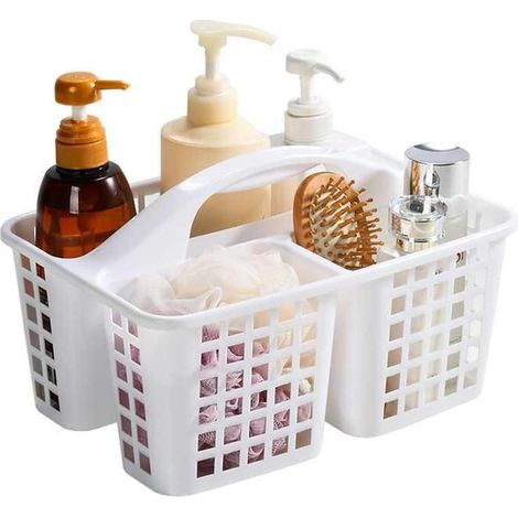 Panier de douche en plastique à 3 compartiments, organisateur de nettoyage portable et compartimenté avec poignée (blanc) (1/5)