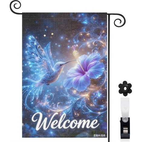 Drapeau de jardin décoratif 30 x 45 cm motif colibri et fleurs toile double face résistante aux intempéries pour extérieur terrasse (1/5)