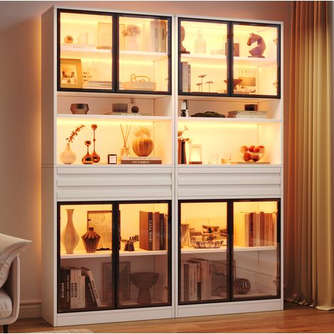 Vetrina alta 80x35x200 cm con LED RGB, 8 ante in vetro e cassetto, MDF salvaspazio per salone - bianco (1/5)