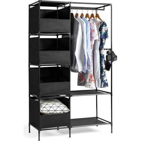 Armoire penderie suspendue 4 niveaux 105x45x170cm noir, dressing tissu avec rideau et rangements (1/5)