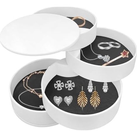 Boîte à bijoux rotative ronde, petite boîte à bijoux pour femme à 4 niveaux, 10 x 10 cm, pour bagues, boucles d'oreilles, colliers (blanche) (1/5)