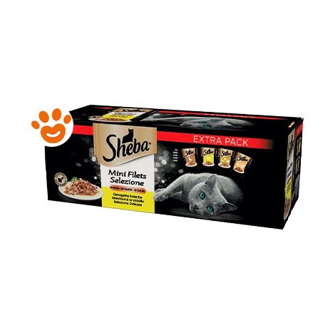 cibo umido per gatti sheba "mini filets selezione" tutte le età con anatra, pollo, pollame e tacchino 40x85 gr (1/3)