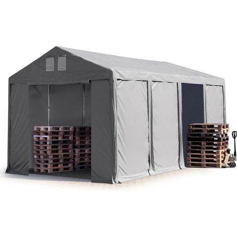 4x8m Tente de stockage TOOLPORT, PVC 850 N gris, H. 3m avec portes à fermeture Eclair
