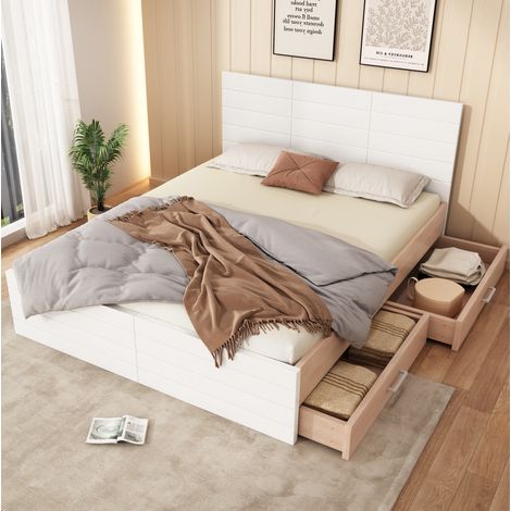 Cama doble 140/200 cm blanco y roble claro de madera maciza y MDF con 2 cajones y somier (1/5)