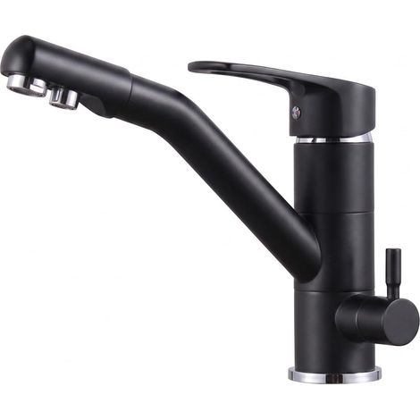 Robinet de Cuisine 3 Voies, Robinet de Cuisine Rotatif à 360°, Robinet d'évier avec Bec Flexible, G3/8 Pouces (Robinet à Triple Raccordement avec Filtre à Eau, Noir) (1/5)