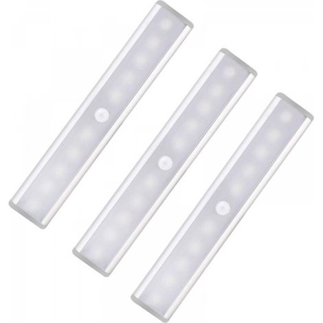 Lot de 3 lumières LED avec détecteur de mouvement pour armoire, 10 spots LED sans fil, lumières LED pour armoire, éclairage LED alimenté par batterie avec bandes magnétiques, veilleuse pour enfants (1/4)