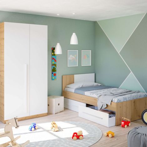 Pack muebles juvenil cama y armario en blanco mate y roble nodi diseño moderno