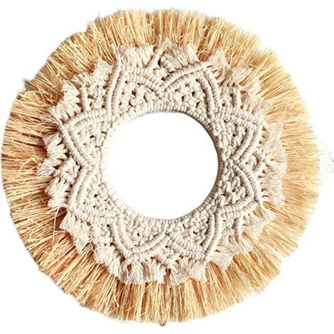 Rideau de porteMiroir de maquillage en raphia nordique, mur rond, décoration Boho, miroir suspendu pour Dressing (1/5)