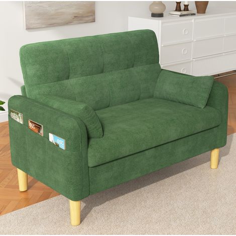 Canapé 2 places modulable en chenille verte avec 2 coussins et poche latérale (1/5)