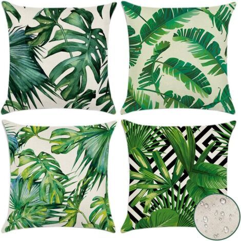 HOXILEELEO - Lot de 4 housses de coussin d'extérieur imperméables (45 x 45 cm – Plantes tropicales 01) à motif de plantes tropicales vertes, pour canapé, terrasse, jardin, salon. (1/5)