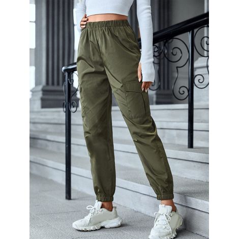 Pantalon de jogging femme, taille haute, coupe élastique, ourlet cheville, poche cargo, vert olive, taille M. Idéal pour les fêtes, le sport et le bureau. (1/3)