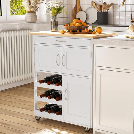 Carrito de cocina con 9 botelleros, 3 puertas, 4 ruedas y cajón, mueble de cocina que ahorra espacio con encimera de madera de caucho, para salón, 67x37x87 cm, blanco y roble.