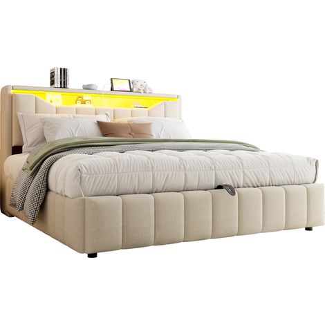 CHICFURN Letto contenitore 180x200 cm in tessuto beige con LED, USB e USB-C (1/5)