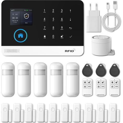 1 Kit Alarme Sans Fil, Écran IPS 2,4 Pouces, Compatible WiFi GSM, Capteurs Porte Fenêtre, Pour Maison Bureau