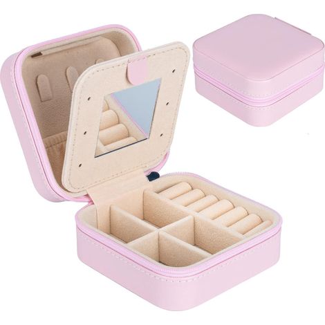 Écrin à bijoux portable rose - Boîte de rangement voyage en cuir à double étage avec miroir - Pour bagues, boucles d'oreilles, colliers, bracelets - Coffret cadeau pour femme et fille (1/5)