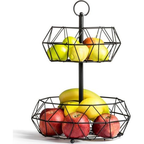 Panier À Fruits - Métal Noir - 2 Étages - Diamètre 32 cm et 25 cm - Hauteur 43,5 cm - Pour Cuisine et Rangement (1/5)