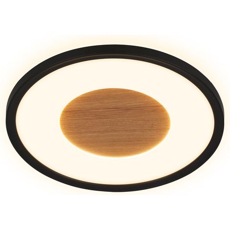 Briloner Sufit Wood LED Deckenlampe, Holzdekor, Elegante Lichtkante, Indirektes Licht, Warmweißes Licht, Schwarz-Holz, Ø29 x 3 cm