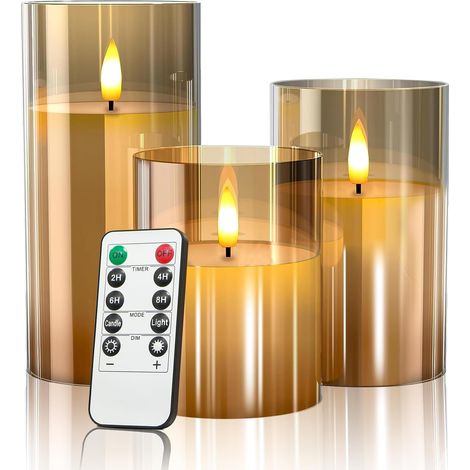 Bougies LED sans flamme à effet vacillant avec minuterie et télécommande, bougies LED en verre doré à lumière chaude, coffret cadeau de 3 bougies piliers de 10, 12,5 et 15 cm pour décoration de fêtes, (1/5)