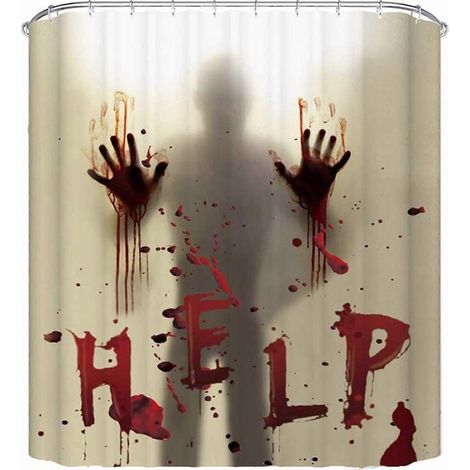 rideau de douche/rideau de fenêtre Halloween 72 pouces x 72 pouces, motif « Aidez-moi avec les mains ensanglantées » pour décorations de salle de bain sur le thème d'Halloween. (1/5)