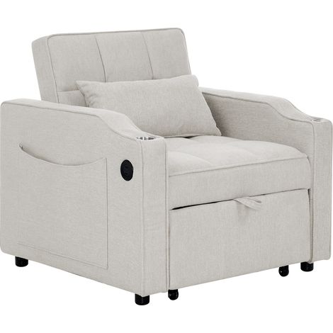 Poltrona letto 3 in 1 beige con USB e USB-C, portabicchieri in acciaio e schienale reclinabile (1/5)