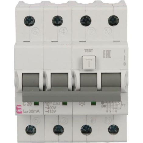 Fehlerstromschutzschalter 4P 20A C 0,03A Typ AC KZS-4M 002174025