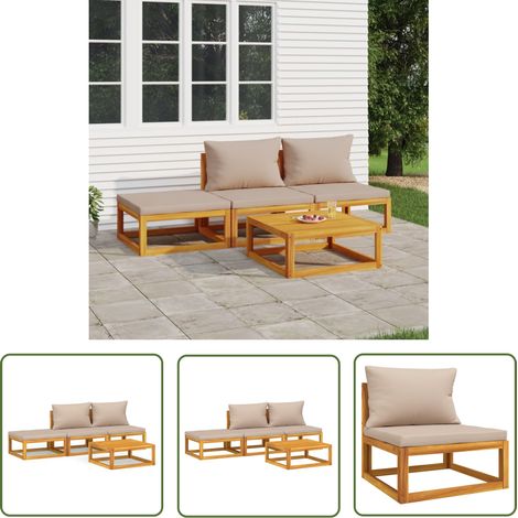 The Living Store Salon de jardin 4 pcs avec coussins taupe bois massif - Ensemble Salon De Jardin - Mobilier De Jardin - Salon De Jardin En Bois - Table Basse - Canapé D'extérieur (1/5)