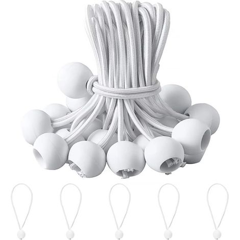 25 Tendeur élastique, 20cm, caoutchouc, boule plastique, blanc, pour bache, tente, camping, abri bateau (1/5)