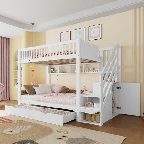 Letto a castello moderno in pino bianco 90x200 cm con scala contenitore, armadio, ripiani e 2 cassetti (1/5)