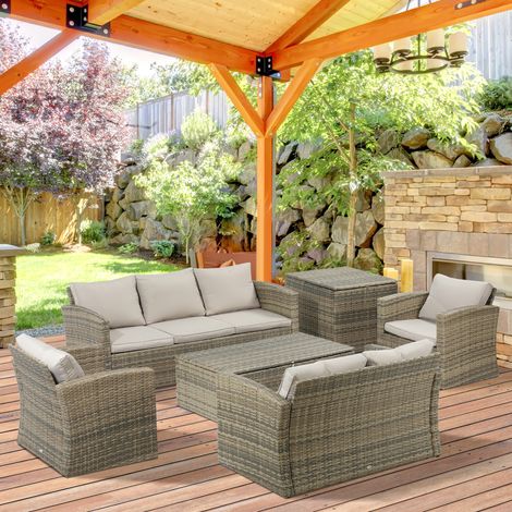 Set da Giardino 6 Pezzi in Rattan con Divani, Poltrone e Tavoli Contenitore, Beige (1/5)