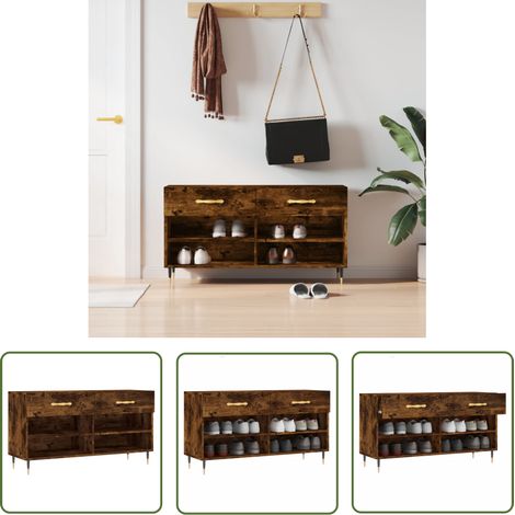 The Living Store Banc à chaussures chêne fumé 102x35x55 cm bois d'ingénierie - Meuble À Chaussures - Banc Chaussure - Range Chaussures - Rangement Chaussures - Meuble Entrée (1/5)