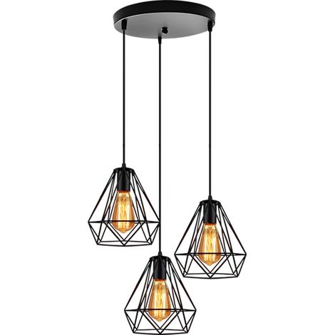 Retro Pendant Lighting Fitting Black, Vintage Hanging Ceiling Light 3 Lights Spiral Metal Chandelier with Ø20cm Diamond Cage - Round Base